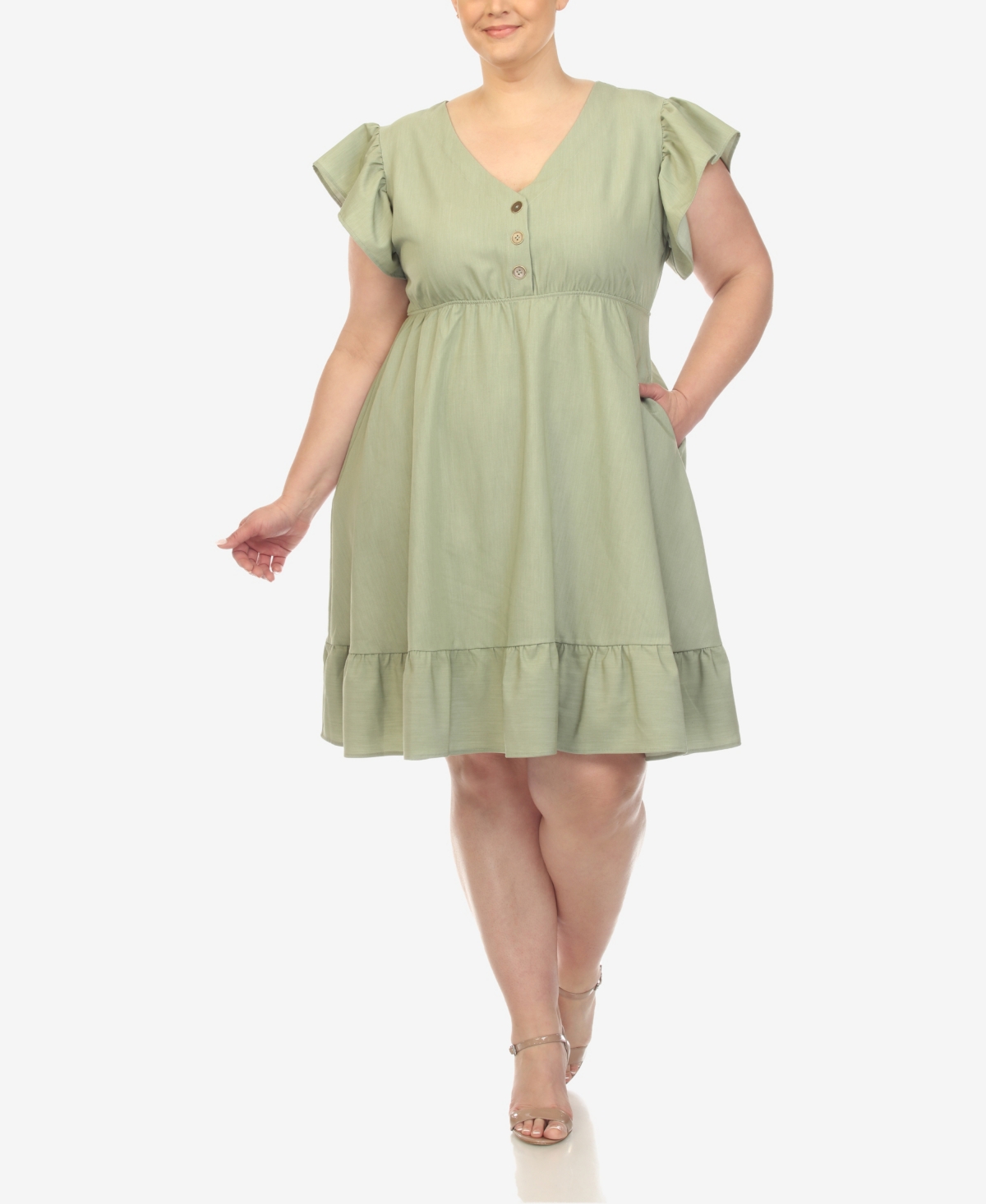 White Mark Plus Size Ruffle Sleeve Knee-length Dress In Green
