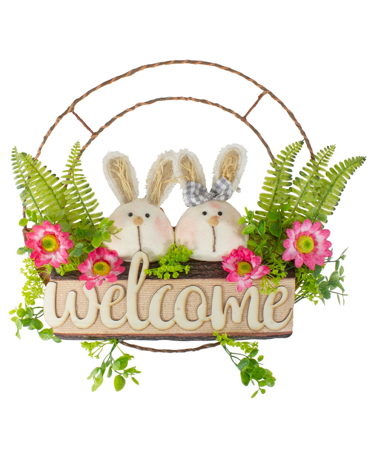 Northlight Rabbit Couple Floral Springtime "welcome" Wreath 19" Unlit In Green