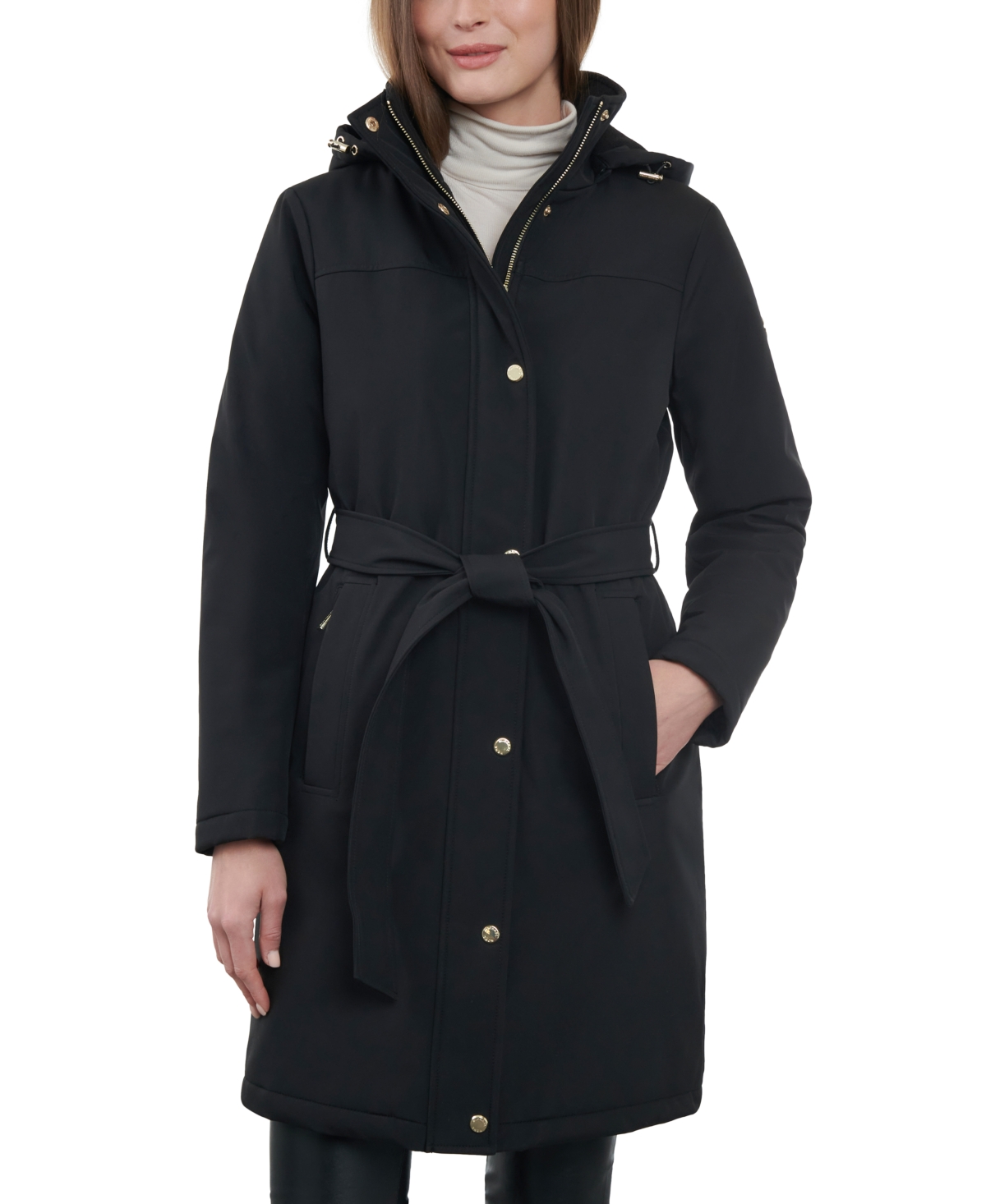 Michael Kors Michael  Women's Hooded Belted Raincoat, Regular & Petite, Created For Macy's In Black