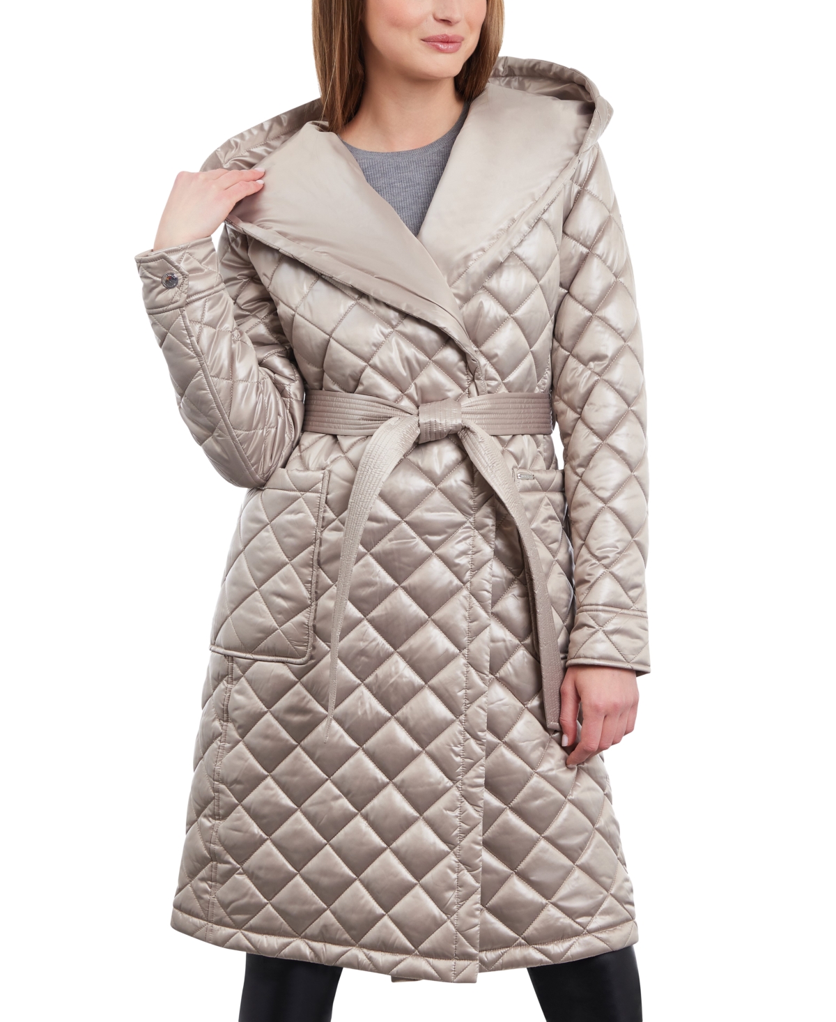 Michael Kors Michael  Women's Hooded Belted Quilted Coat In Taupe