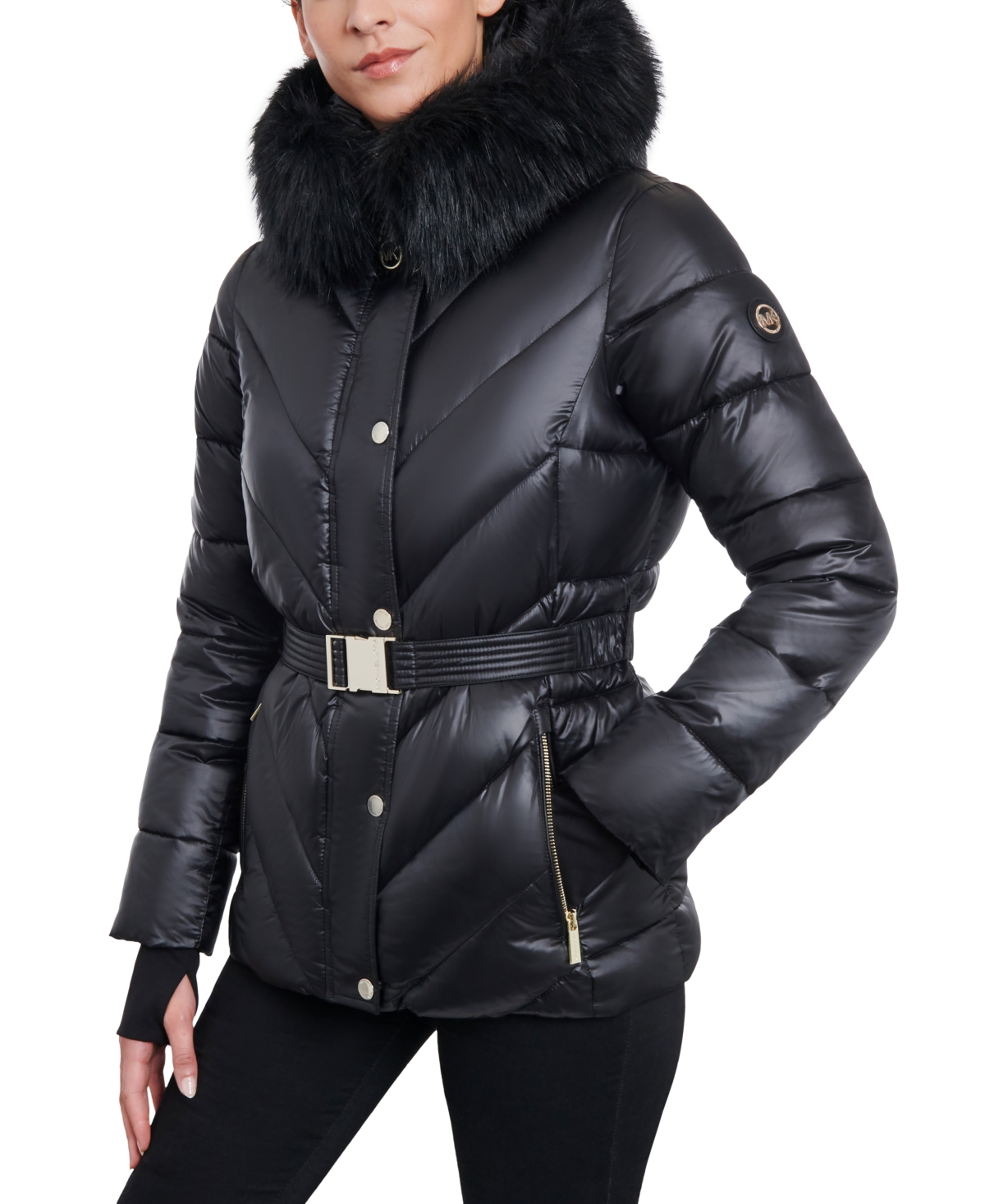Shop Michael Kors Michael  Women's Shine Belted Faux-fur-trim Hooded Puffer Coat In Black