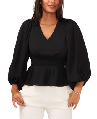 Sam & Jess - Petite Smocked Peplum-Hem Blouson-Sleeve Top