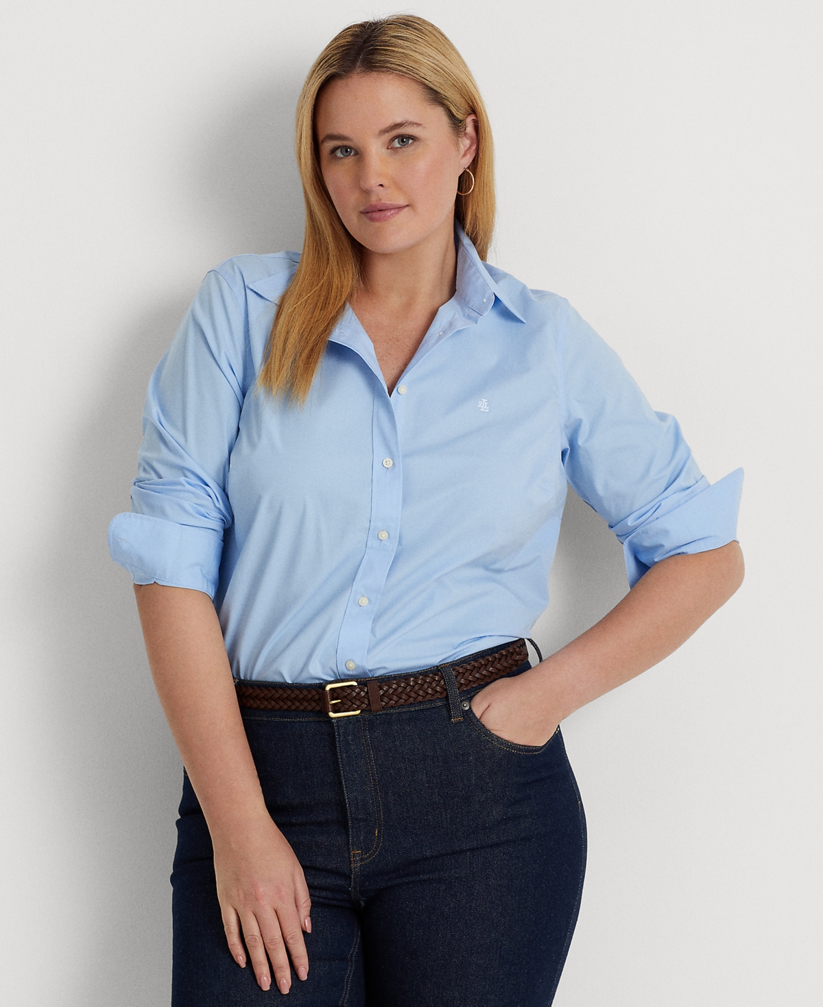 Shop Lauren Ralph Lauren Plus-size Easy Care Cotton Shirt In Blue