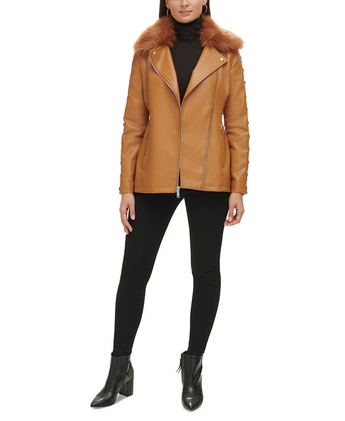 GUESS Women's FauxFurTrim FauxLeather Belted Jacket Macy's