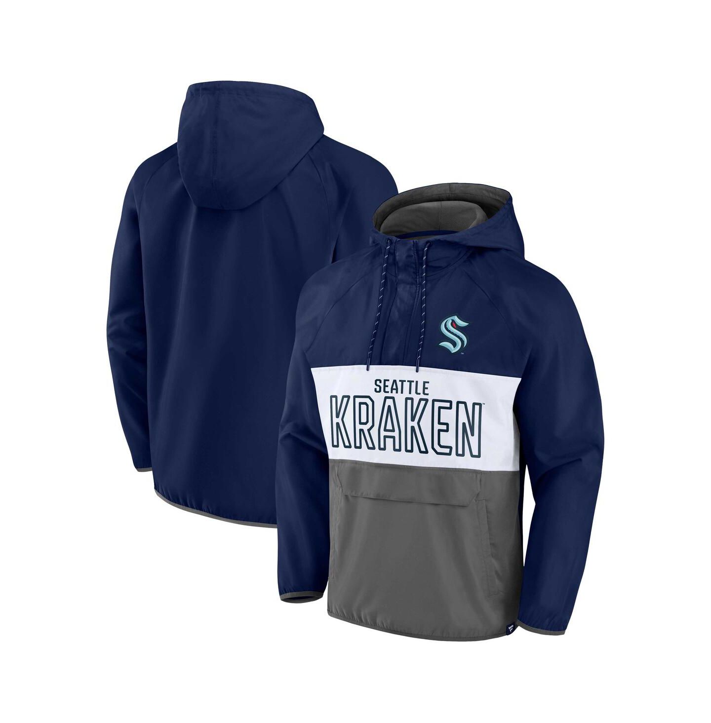 Мужские худи Fanatics Deep Sea Blue, Gray Seattle Kraken Backhand Shooter Defender Anorak Raglan Quarter-Zip Jacket — фото 1