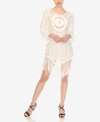 Women's Crocheted Fringed Trim 3/4 Sleeves Cover Up Dress