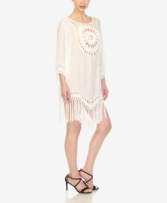 Women's Crocheted Fringed Trim 3/4 Sleeves Cover Up Dress