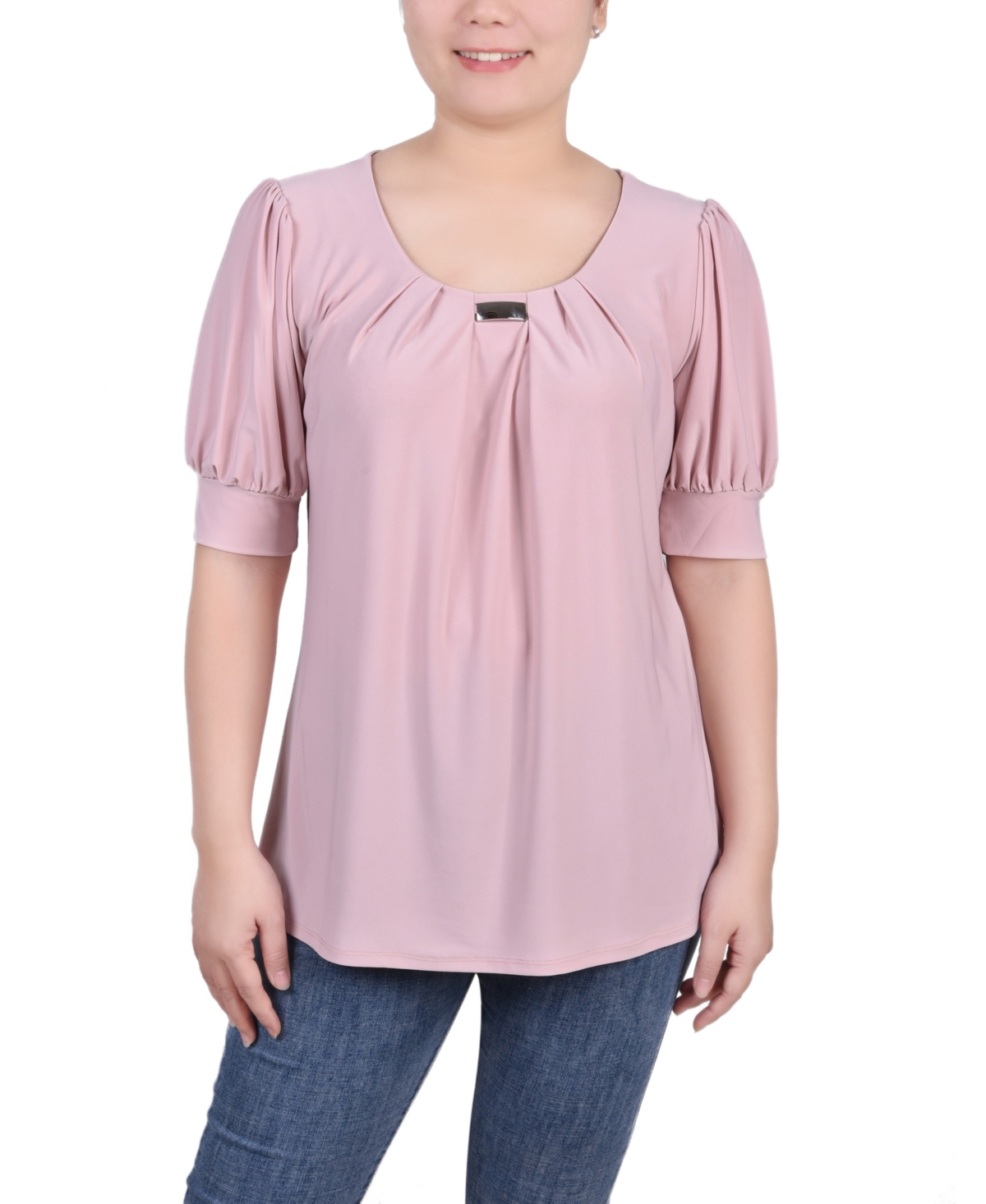 Ny Collection Petite Short Sleeve Balloon Sleeve Top In Mellow Rose