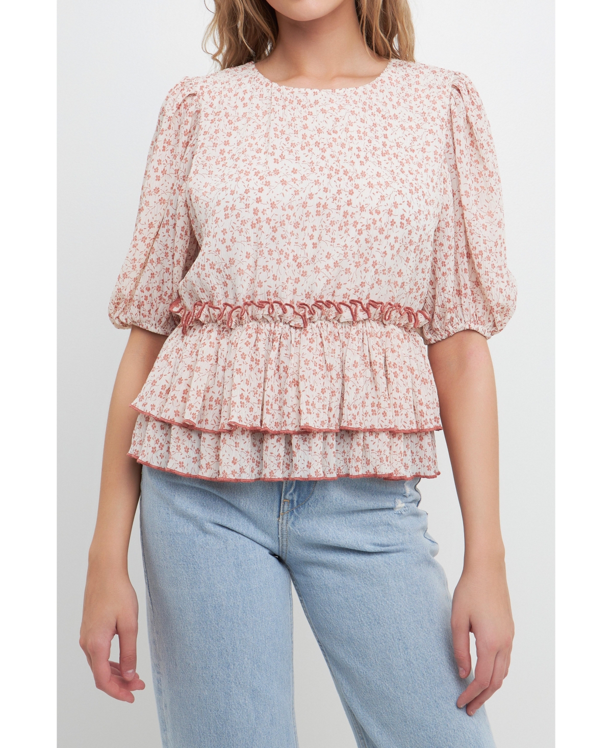 Women's Pleated Floral Top - White
