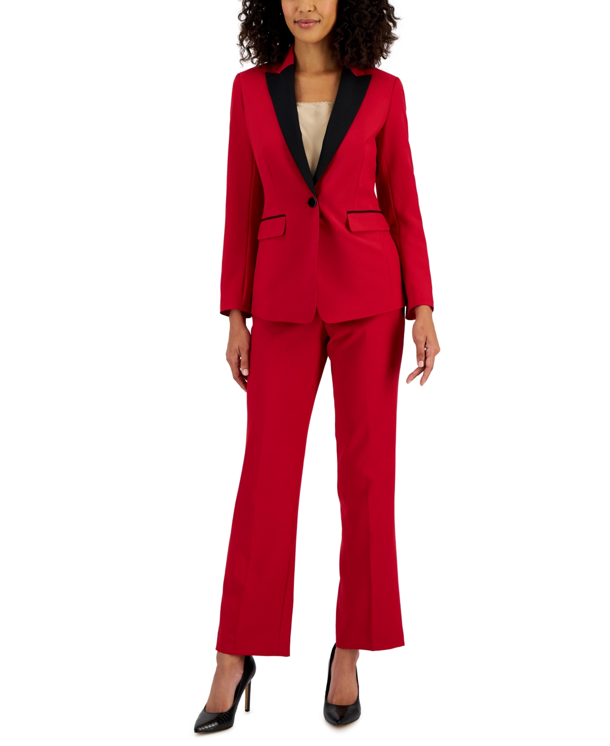 Women's Crepe Contrast-Collar Jacket & Kate Straight-Leg Pants - Cherry/Black