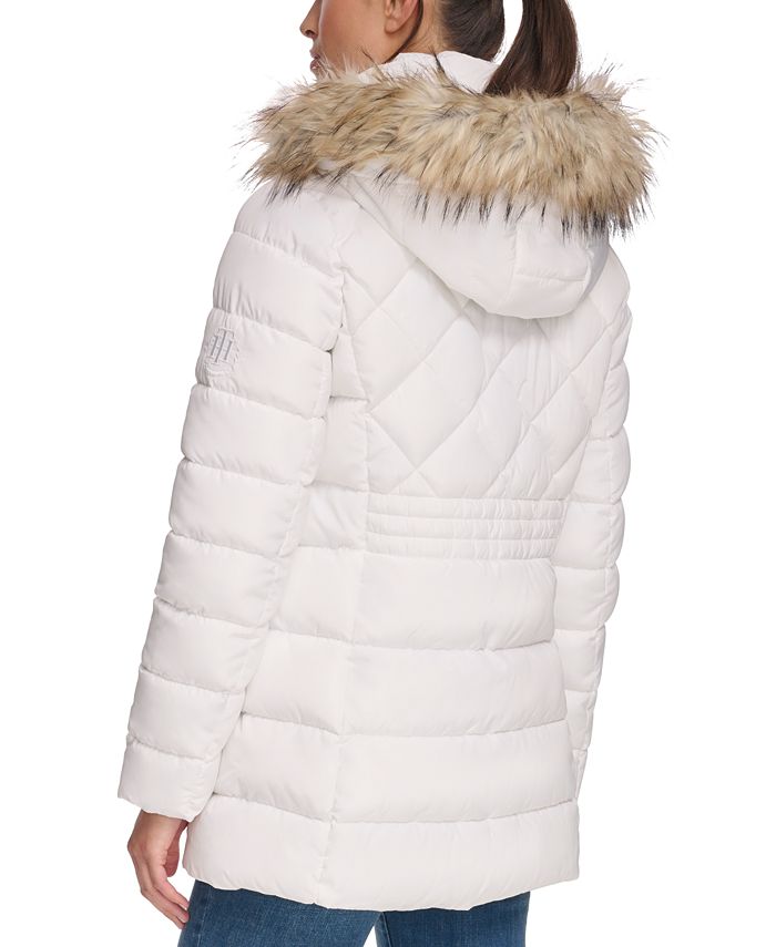 Tommy Hilfiger Women's Petite Bibbed Faux-Fur-Trim Hooded Puffer Coat ...