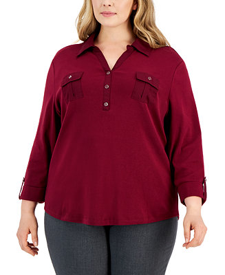 Karen Scott Plus Size Solid V-Neck Woven Top, Created for Macy's - Macy's