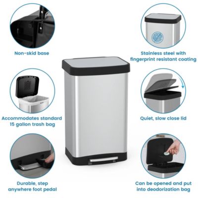 14.5 Gal./55 Liter Rectangle Step-On Stainless Steel Trash Can for Kitchen