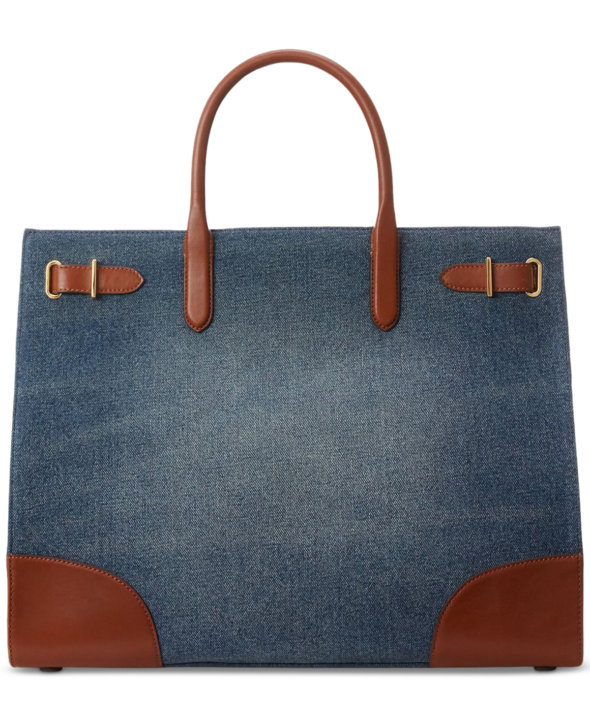 Shop Lauren Ralph Lauren Devyn Denim With Leather Trim Large Tote Bag