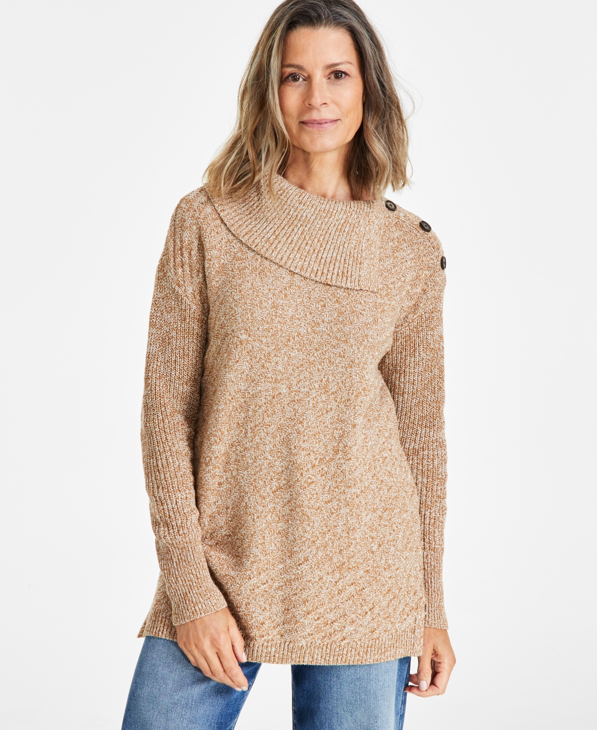 Style & Co Petite Ribbed Button-detail Tunic Sweater Created For Macy's In Caramel Kiss