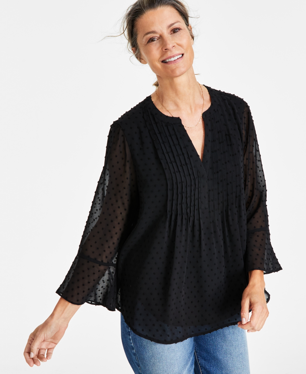 Style & Co Women's Textured Pintuck Ruffle Sleeve Top, Regular & Petite, Created for Macy's