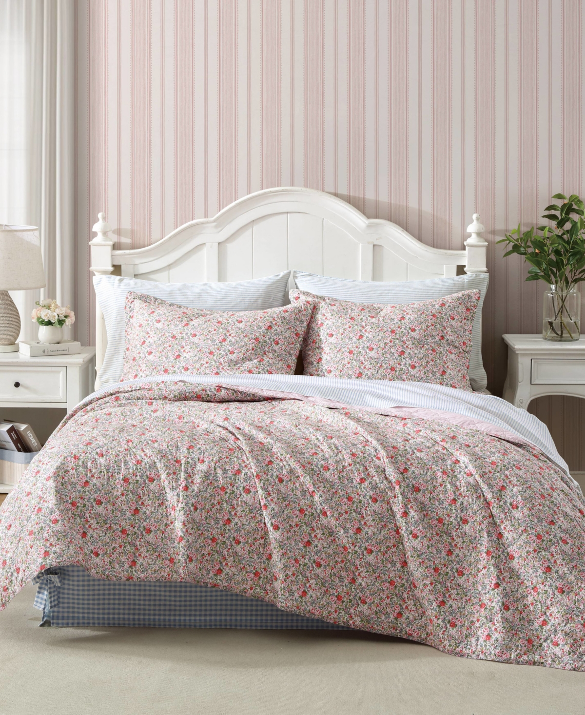 Laura Ashley Rowena Cotton Reversible Quilt, Twin In Cherry Pink