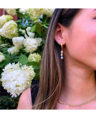 18K Gold Plated Freshwater Pearls with Colored Glass Beads - Amber Earrings For Women