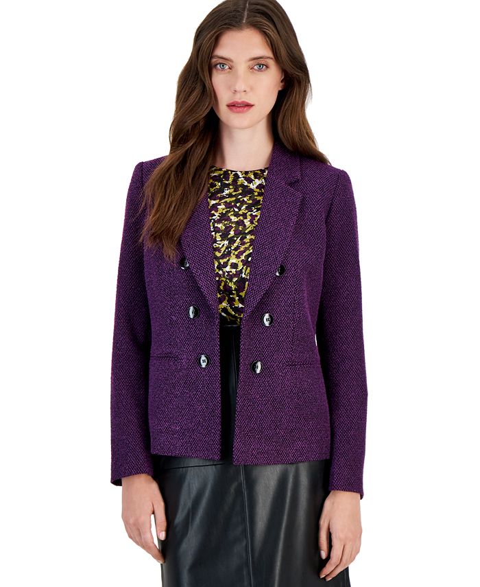 Bar III Women's Tweed Faux-Double-Breasted Jacket, Created for Macy's - Night Flower/Black - Size Xs