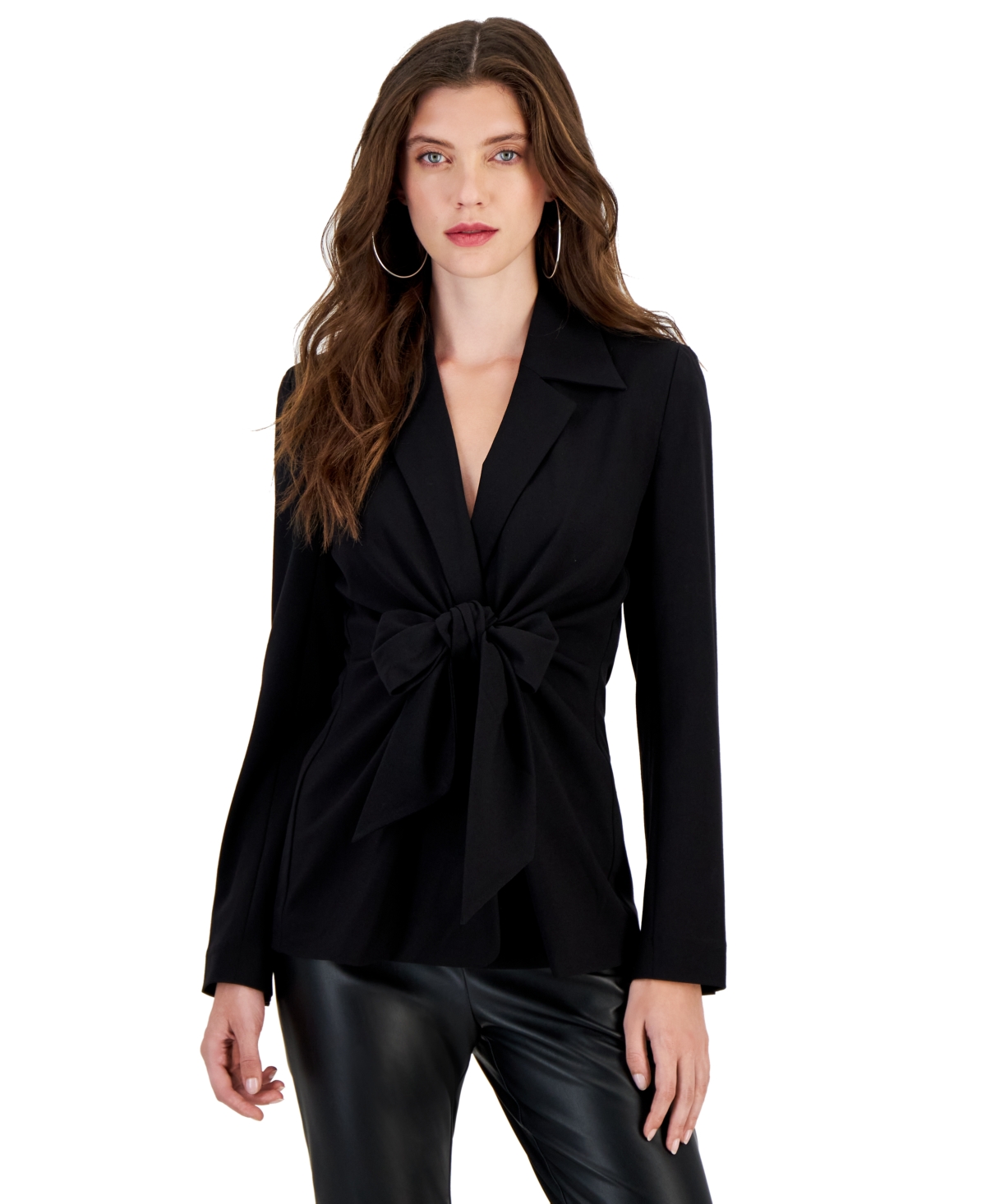 Women's Bi-Stretch Tie-Front Long-Sleeve Jacket, Created for Macy's - Black