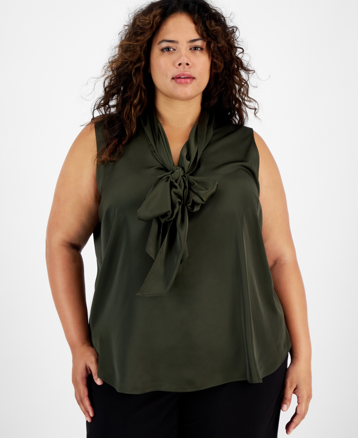 Bar Iii Plus Size Tie-neck Sleeveless Satin Blouse, Created For Macy's In Lily