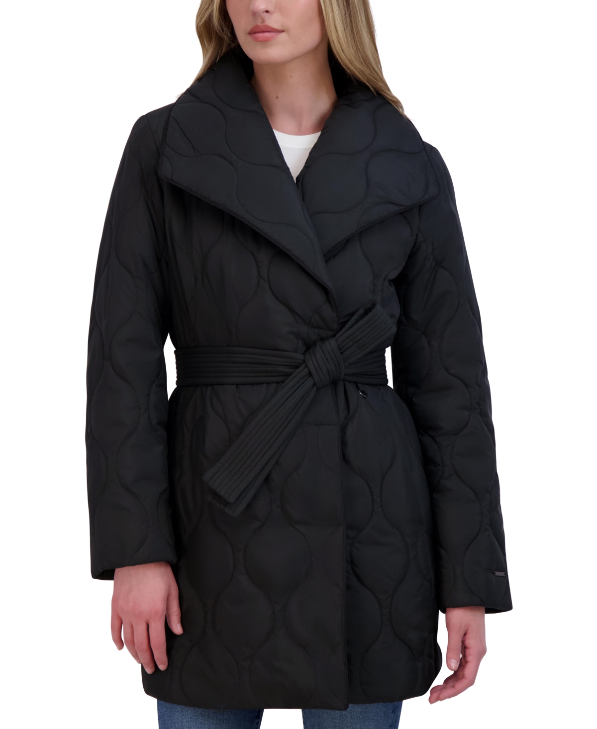 Women's Belted Asymmetrical Quilted Coat - Navy