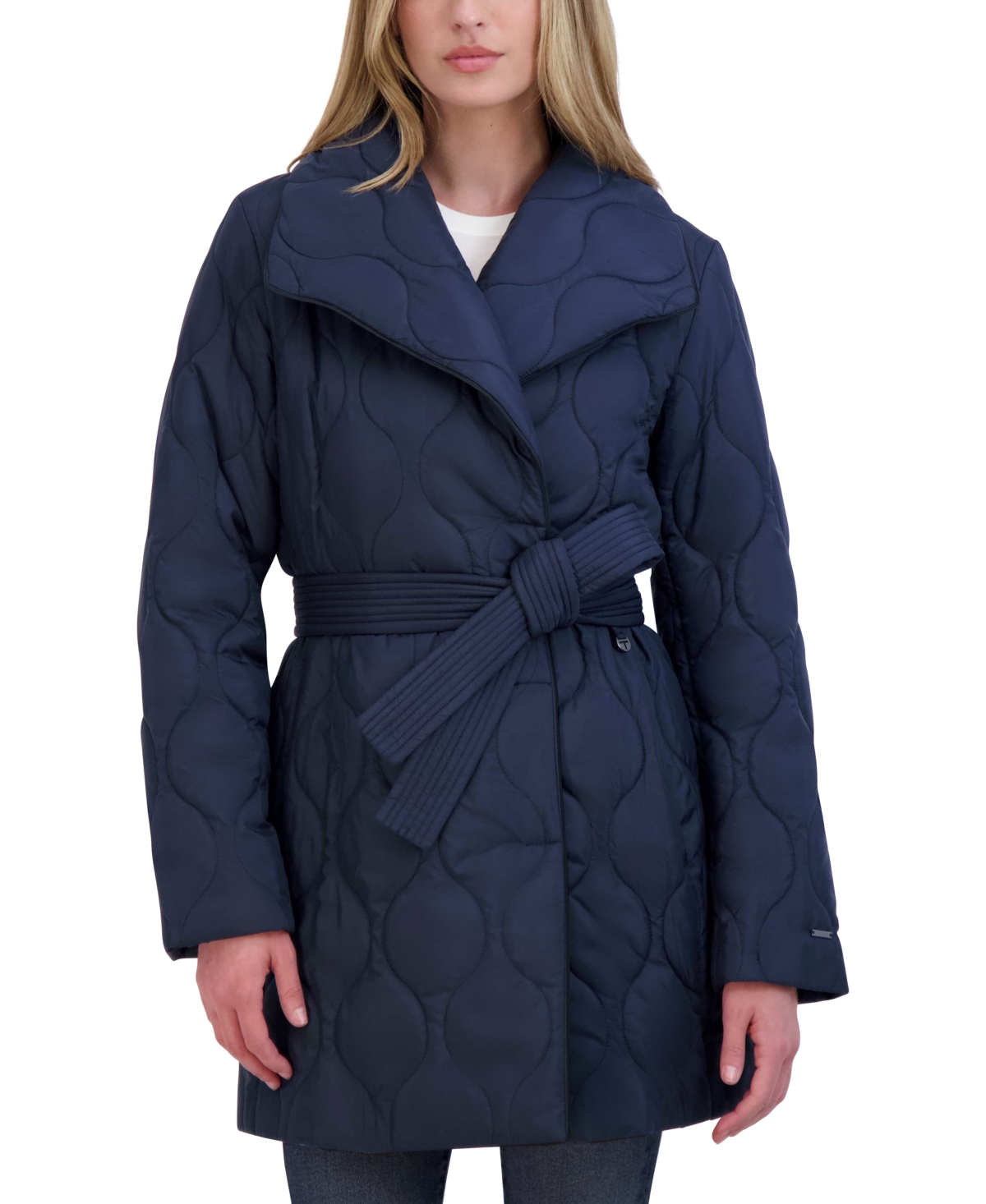 Women's Petite Belted Asymmetric Quilted Coat - Navy