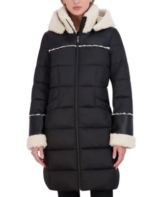Tahari - Women's Faux-Shearling-Trim Hooded Puffer Coat