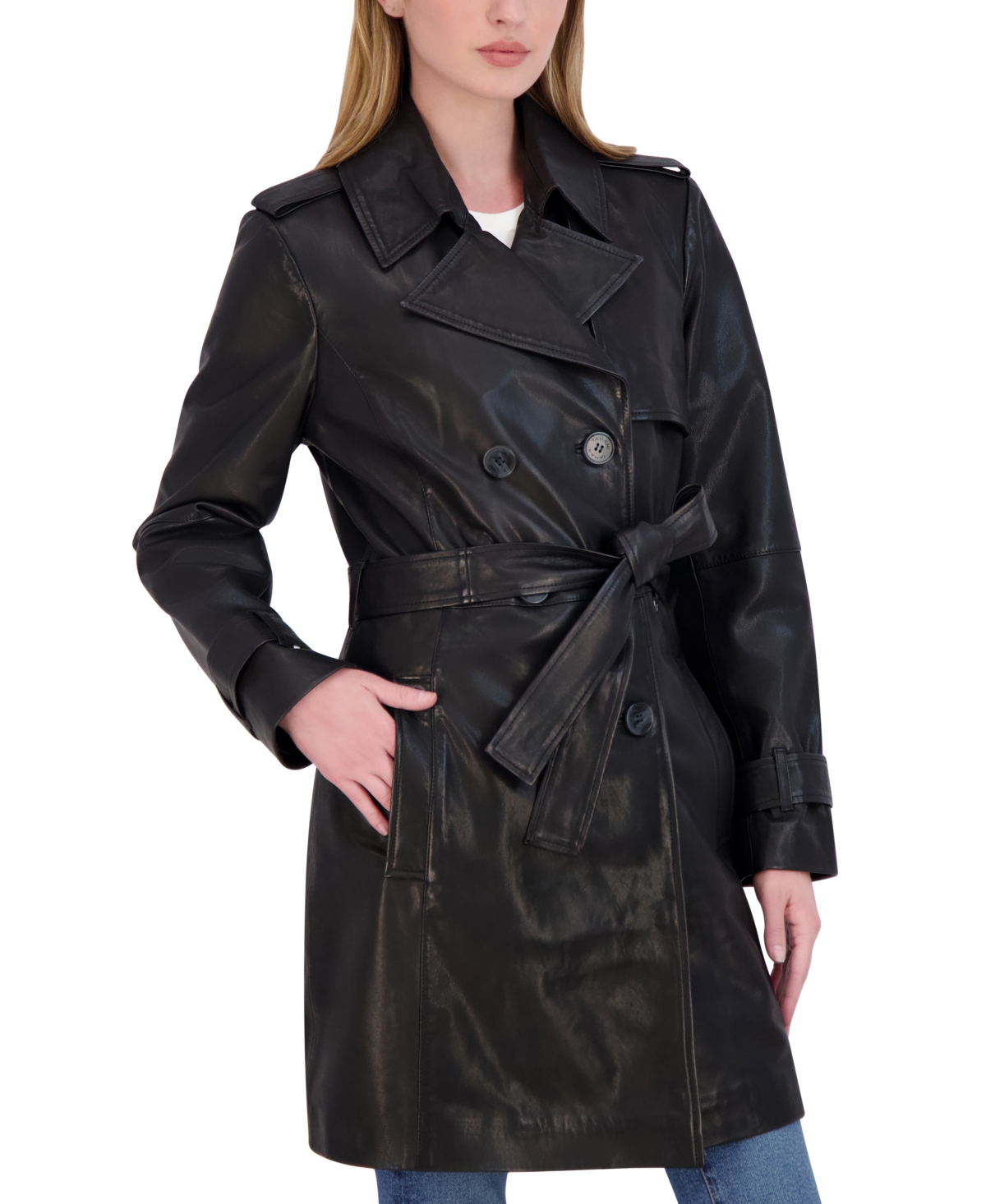 Tahari Women's Natalie Belted Leather Trench Coat In Black