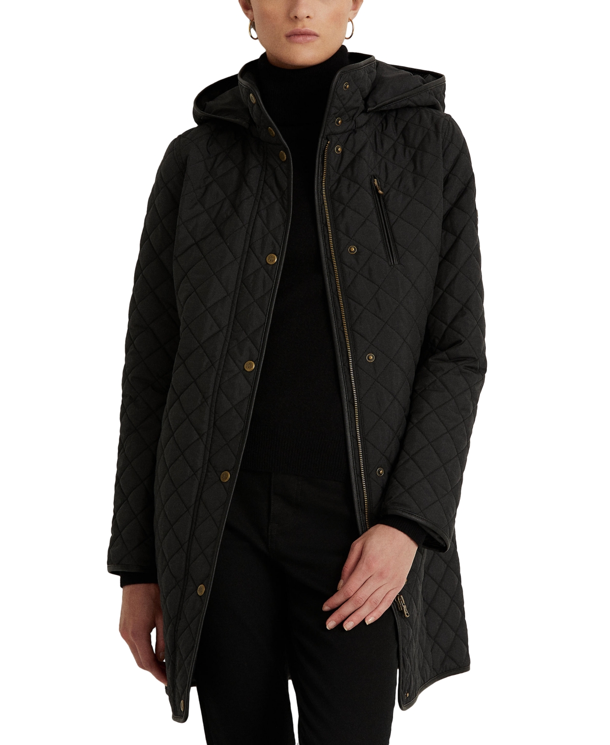 Ralph Lauren Petite Hooded Quilted Faux-suede-trim Coat In Black