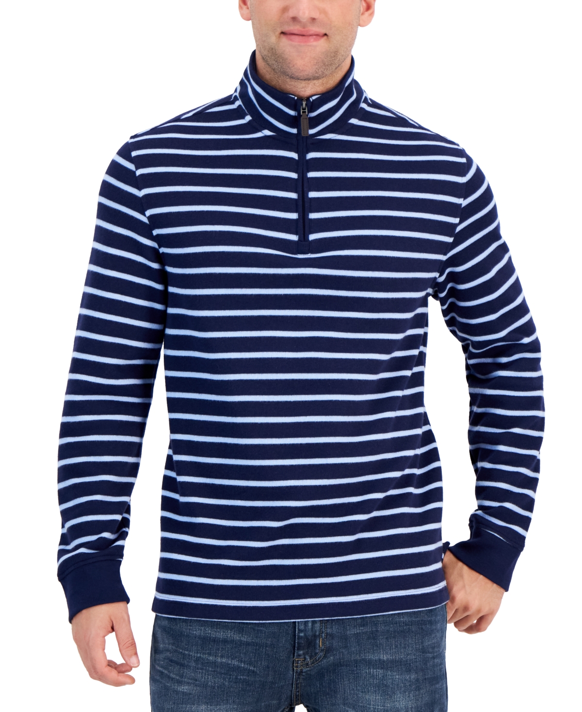Men's Classic Fit Striped French Rib Quarter-Zip Sweater, Created for Macy's - Navy Blue