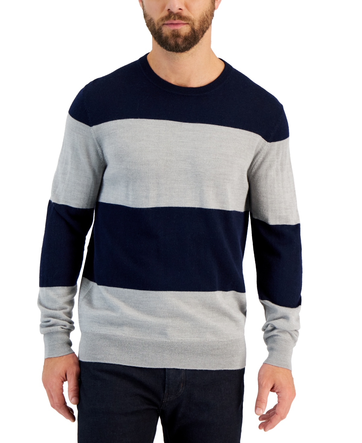 Club Room Men's Merino Wide Striped Long Sleeve Crewneck Sweater, Created For Macy's In Navy Blue