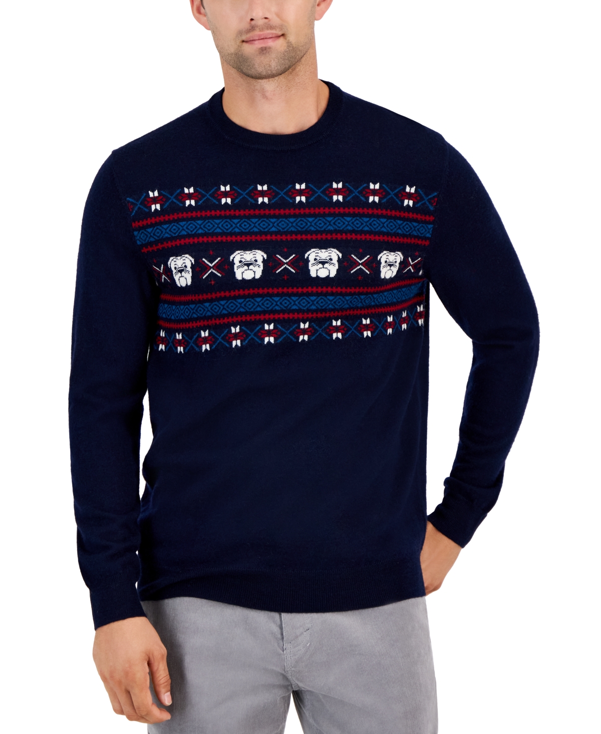 Men's Bulldog Fair Isle Sweater, Created for Macy's - Navy Blue