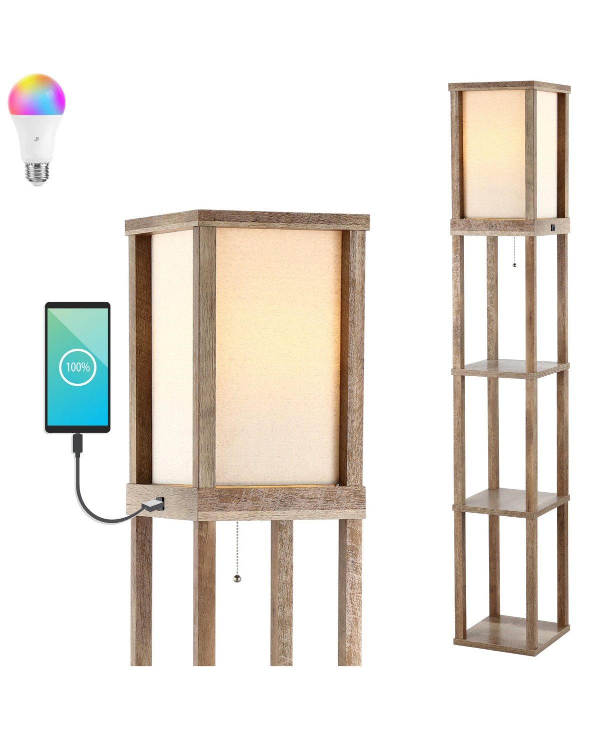 Jonathan Y Etagere 63.5" Rustic Bohemian Wooden Led 3-shelf Floor Lamp With Pull-chain, Usb Charging Port And S In Brown