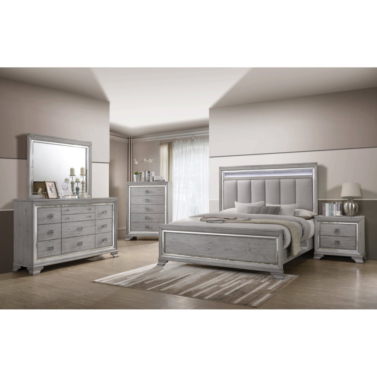 Contemporary 1pcGray Brown Finish 2 Storage Drawer Nightstand End Table Mirrored Accents Beautiful Wooden Bedroom Furniture - Light/pastel Grey