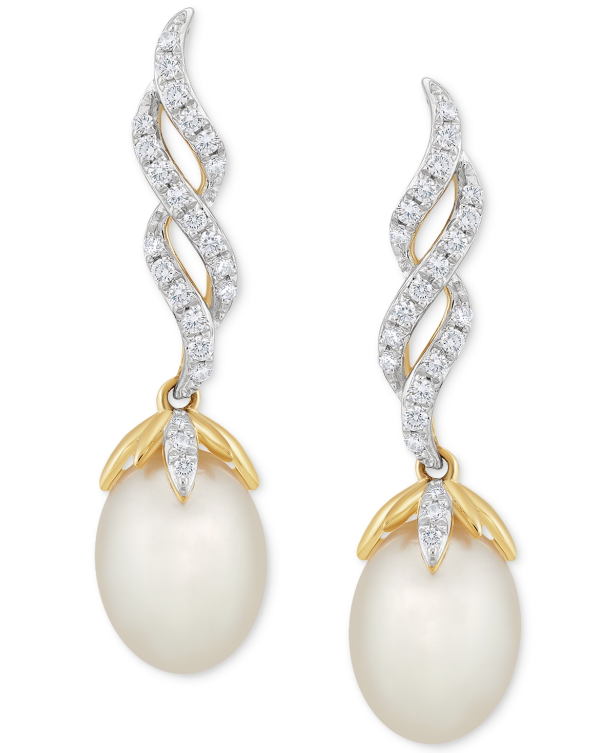 Cultured Freshwater Pearl (7 - 7 1/2mm) & Diamond (1/5 ct. t.w.) Twist Drop Earrings in 10k Gold - Gold
