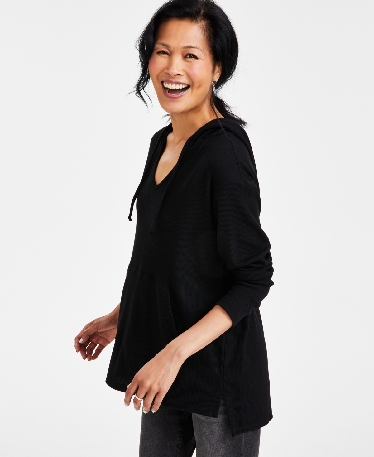 Petite Waffle-Knit Tunic Hoodie, Created for Macy's - Deep Black