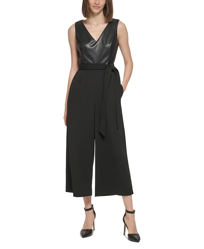 Calvin Klein Women's Faux-Leather-Top Belted Jumpsuit - Macy's