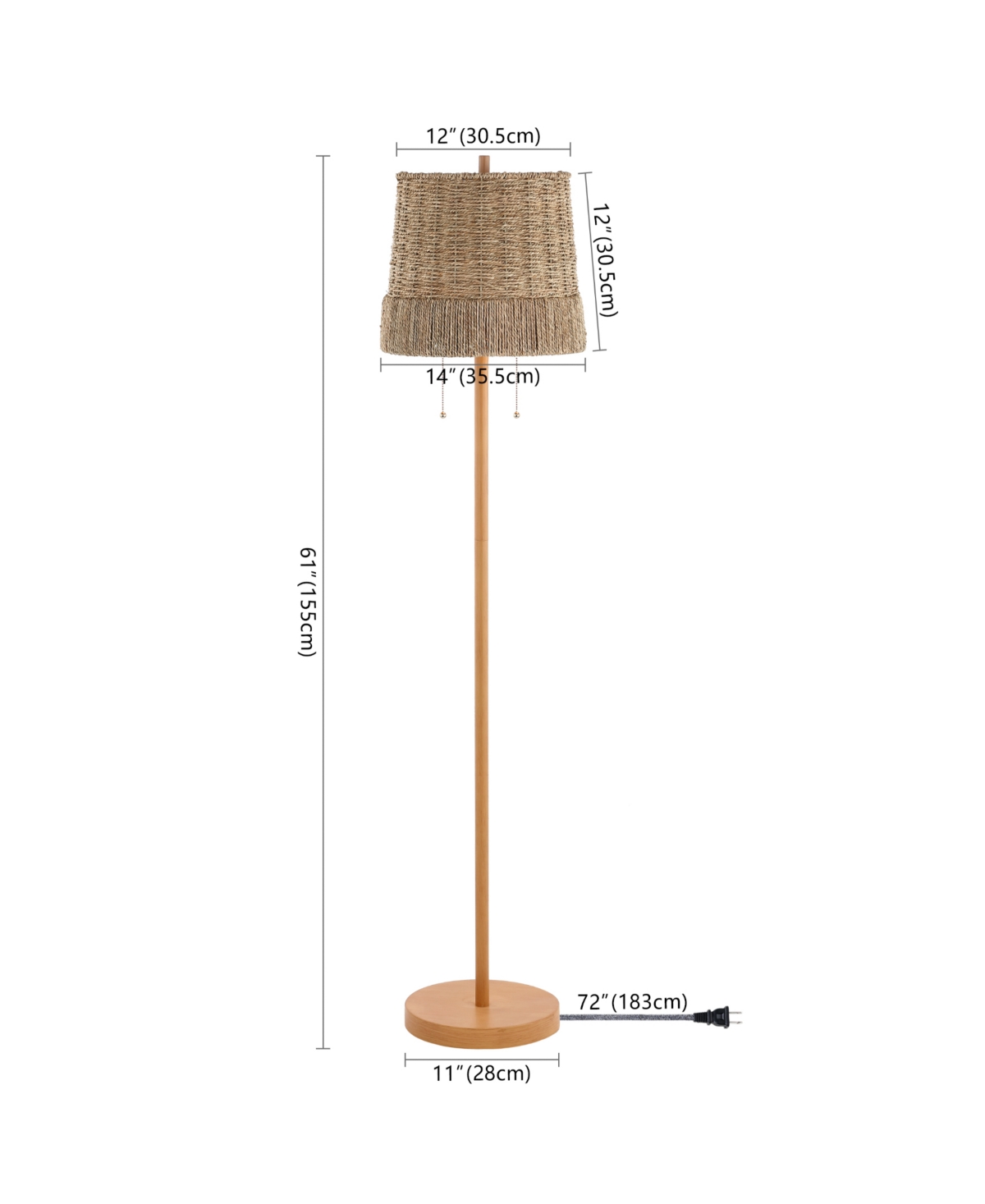 Ocata 2-Light Coastal Bohemian Iron, Rattan Led Floor Lamp with Pull-Chain