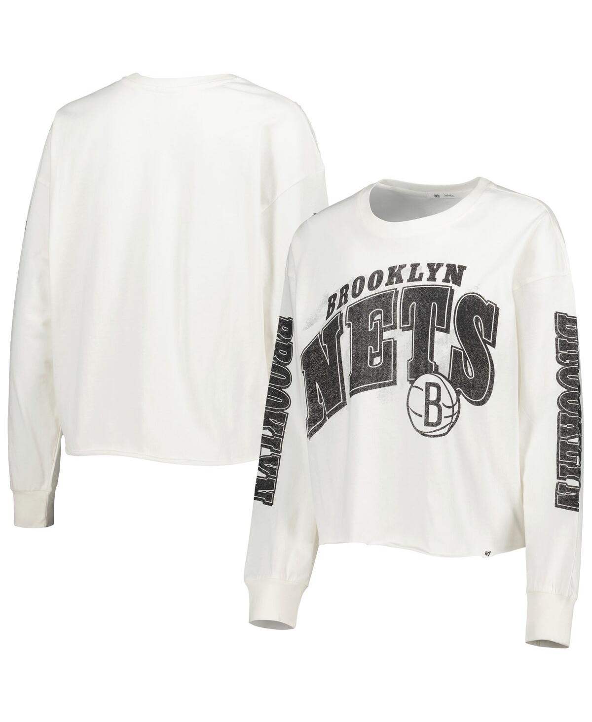 Shop 47 Brand Women's ' Cream Brooklyn Nets Parkway Brush Back Long Sleeve Cropped T-shirt