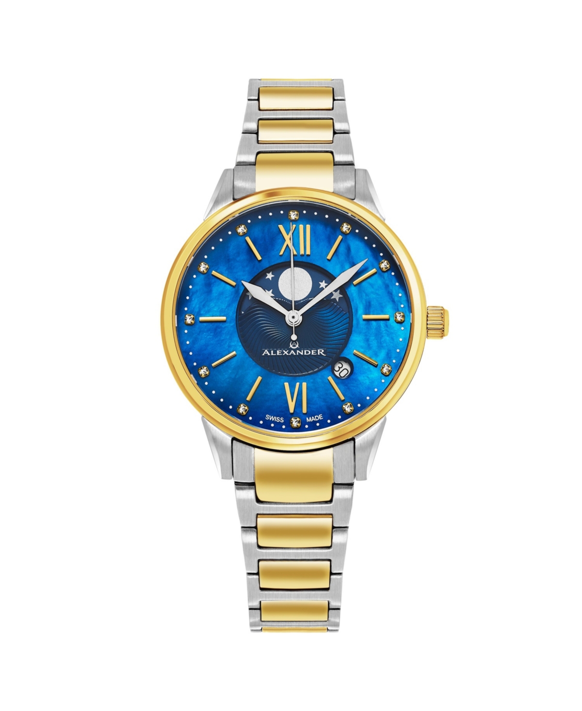 Ladies Quartz Moonphase Date Watch with Yellow Gold Tone Stainless Steel Case on Yellow Gold Tone Stainless Steel and Stainless Steel Bracel
