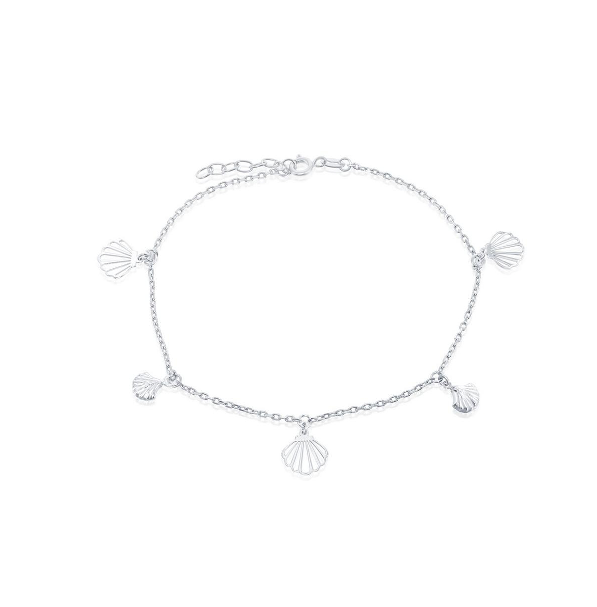 Sterling Silver Alternating Flat & Puffed Seashell Anklet - Silver