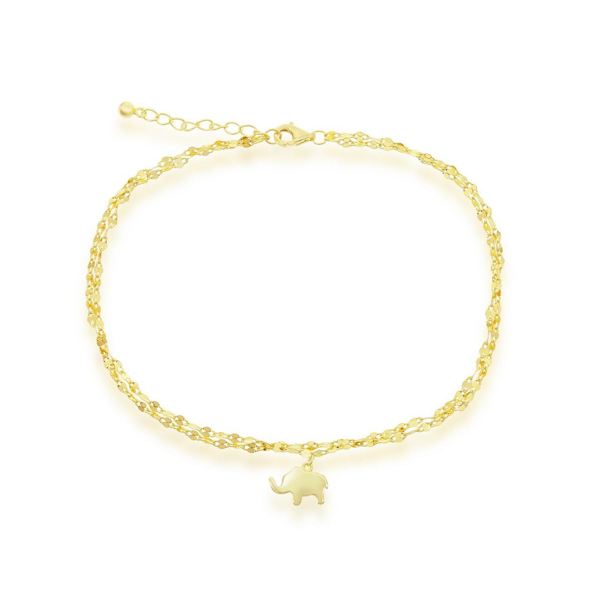 Sterling Silver Double Strand Mirror Chain w/ Elephant Anklet - Gold