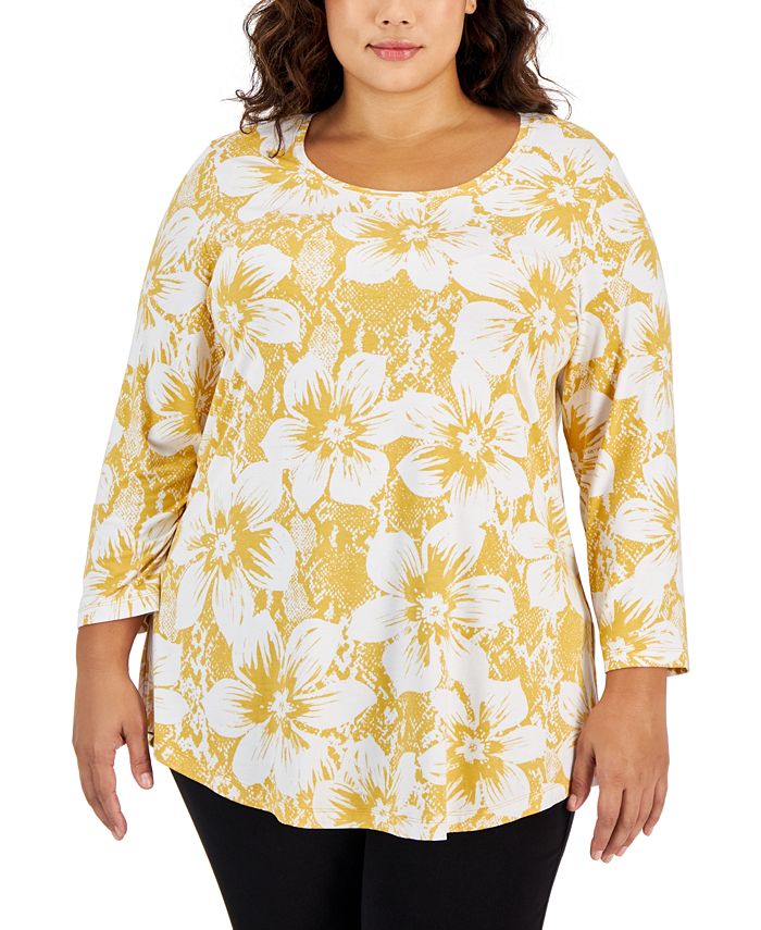 Jm Collection Plus Size Garden Print V-Neck Top, Created for Macy's