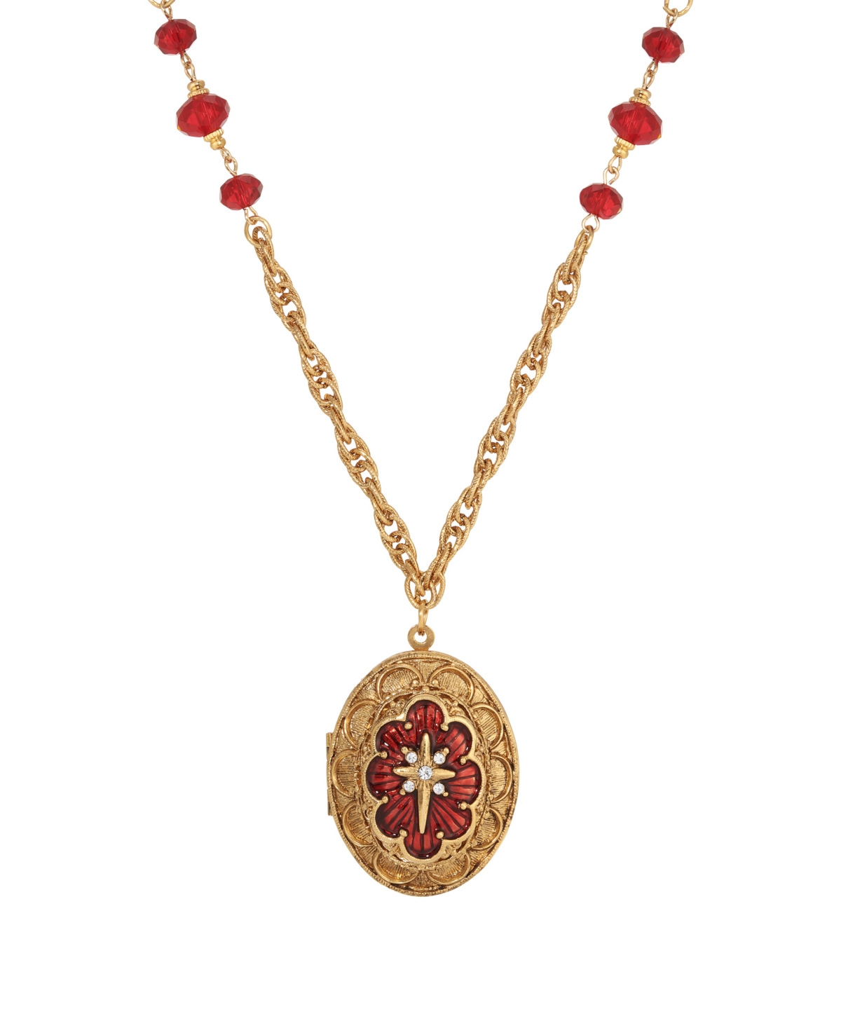 2028 Enamel Star Of Bethlehem Locket Bead Necklace In Red