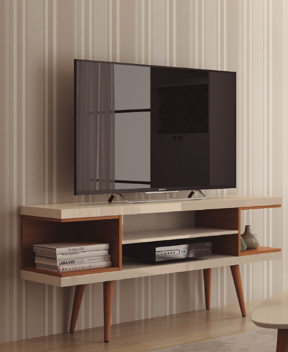 Manhattan Comfort Utopia Medium Density Fibreboard 4-Shelf Tv Stand - Off White and Maple Cream