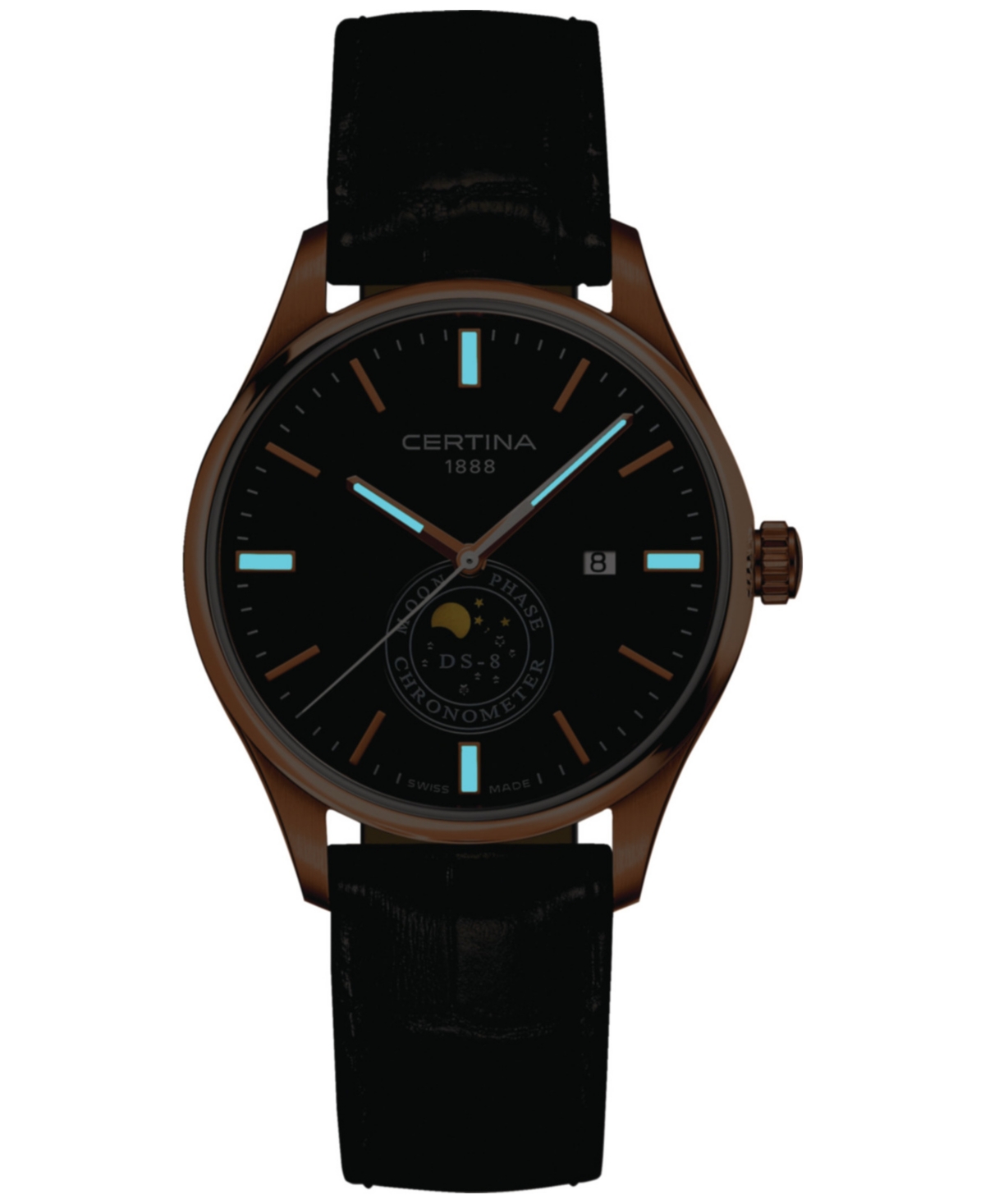 Shop Certina Men's Swiss Ds-8 Moon Phase Black Leather Strap Watch 41mm