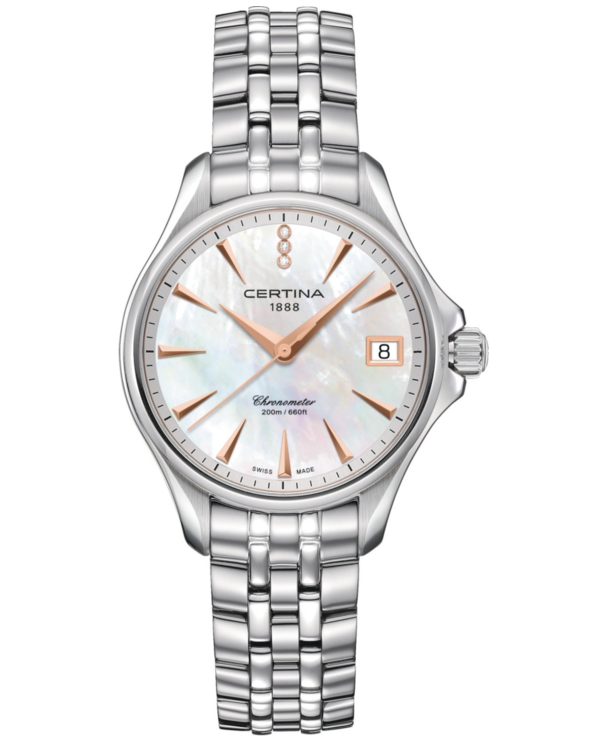 Certina Women's Swiss Ds Action Diamond Accent Stainless Steel Bracelet Watch 34mm In White Mother Of Pearl