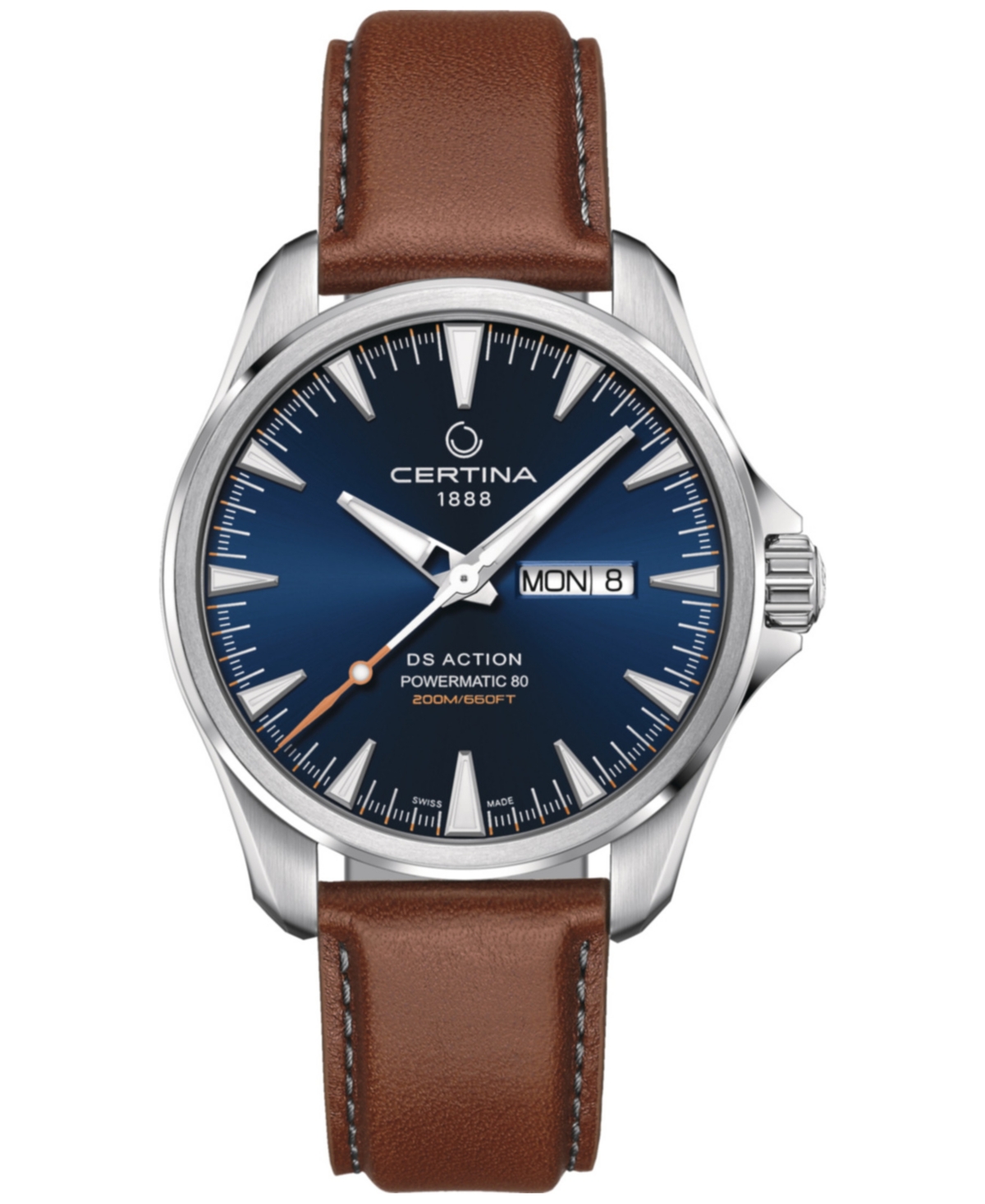 Certina Men's Swiss Automatic Ds Action Brown Leather Strap Watch 41mm In Blue