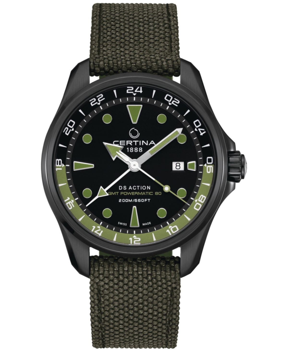Certina Men's Swiss Automatic Ds Action Gmt Green Synthetic Strap Watch 43mm In Black